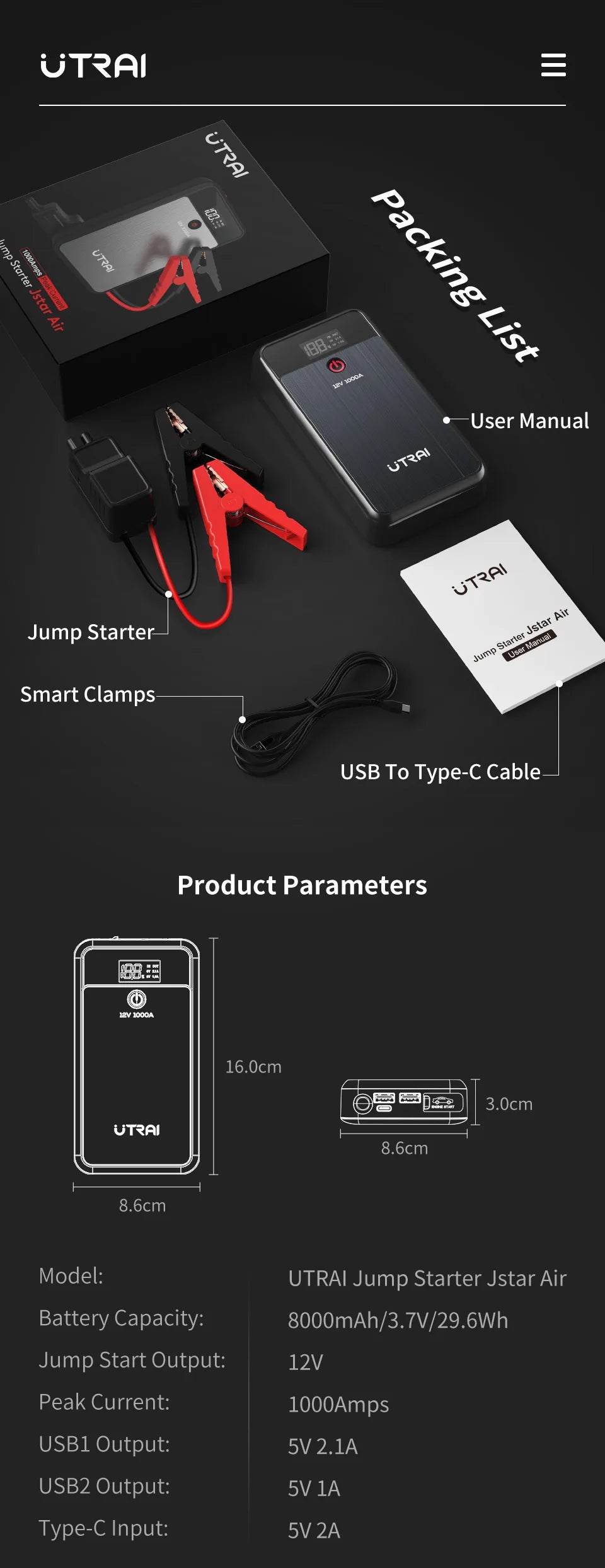 UTRAI JSTAR AIR Jump Starter 1000A 8000mAh Power Bank Portable Charger 12V Battery Jump Starter LED Light Car Starting Device