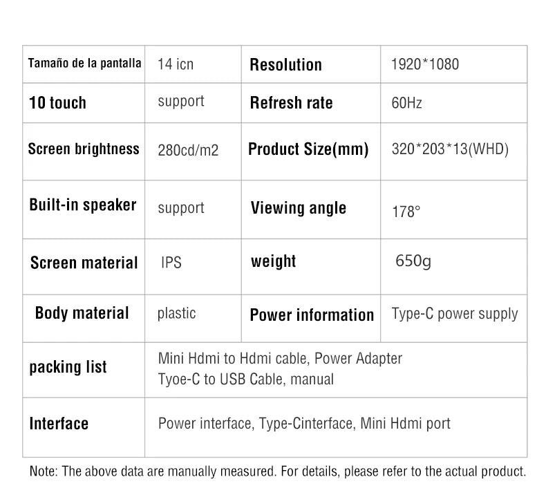 Anmite 14-Inch Portable Monitor Touchscreen1080P HDR 16:9 Low Blue Light For XBox PS4 / 5 Switch Cell Phone PC Loptop Extension