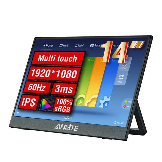 Anmite 14-Inch Portable Monitor Touchscreen1080P HDR 16:9 Low Blue Light For XBox PS4 / 5 Switch Cell Phone PC Loptop Extension