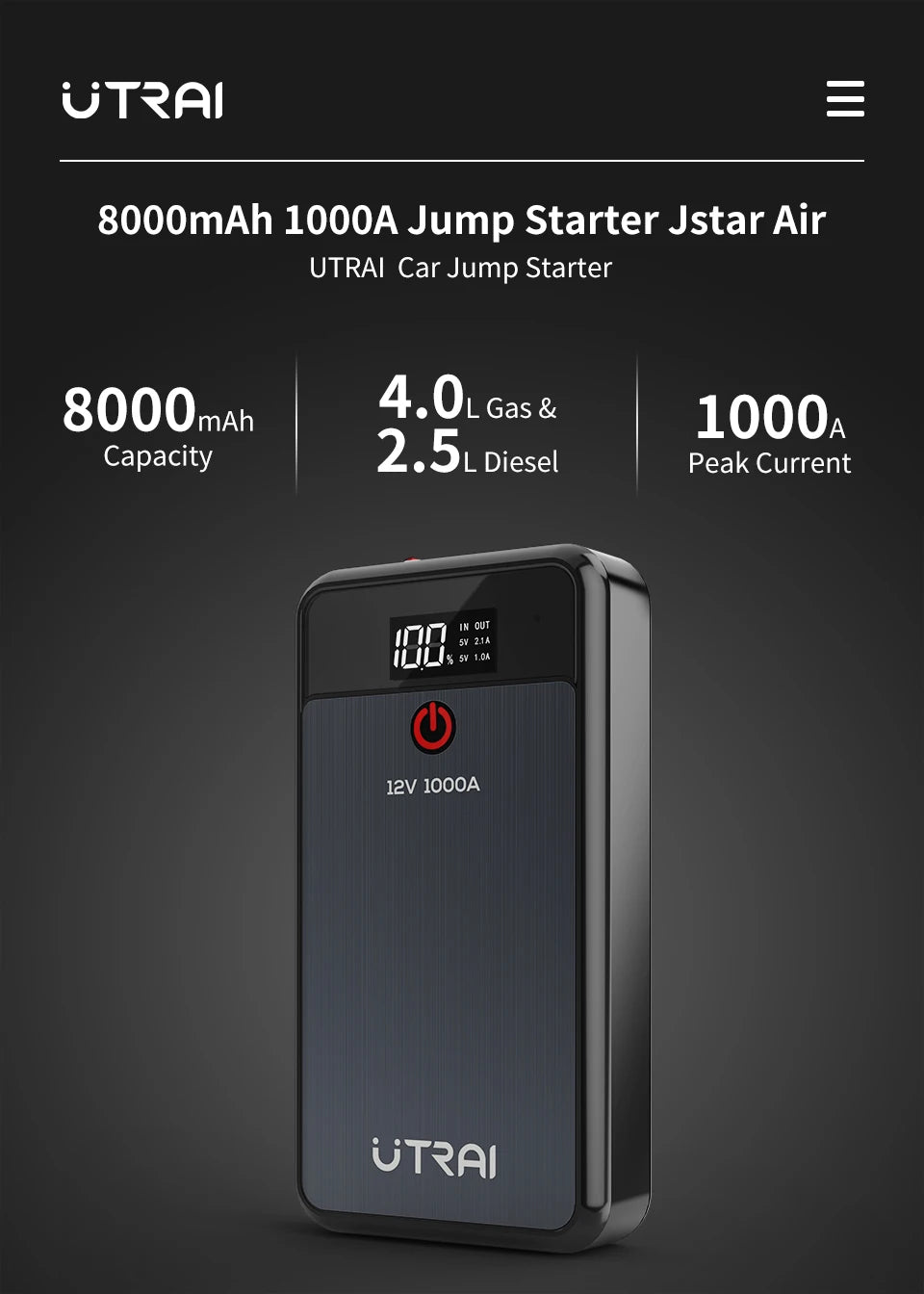 UTRAI JSTAR AIR Jump Starter 1000A 8000mAh Power Bank Portable Charger 12V Battery Jump Starter LED Light Car Starting Device